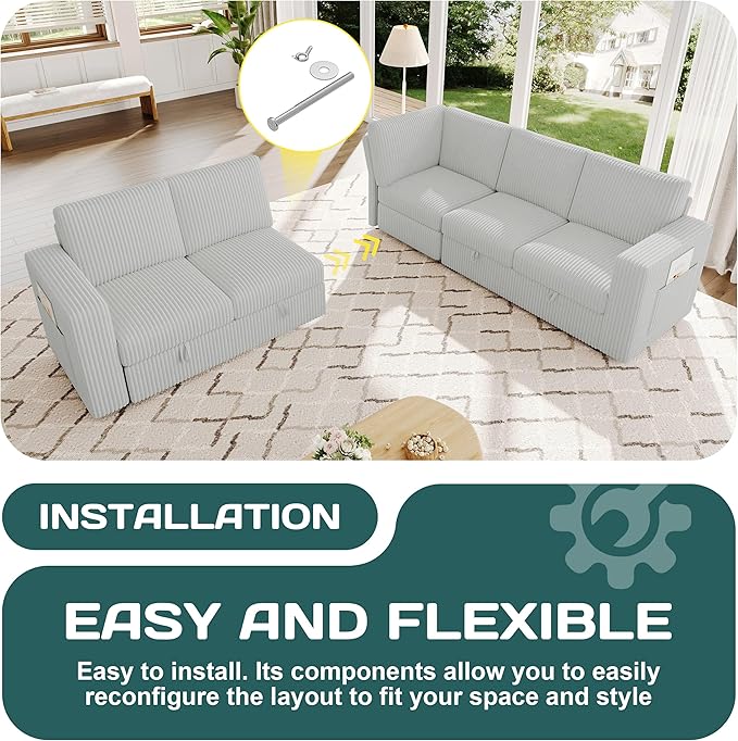 83.5" Sectional Sleeper Sofa with Pull Out Couch, Modern 5 Seat L Shaped Modular Couch, Sectionals Modular Sofa with Storage, Comfy Corduroy Couches Sectional for Living Room, Light Gray