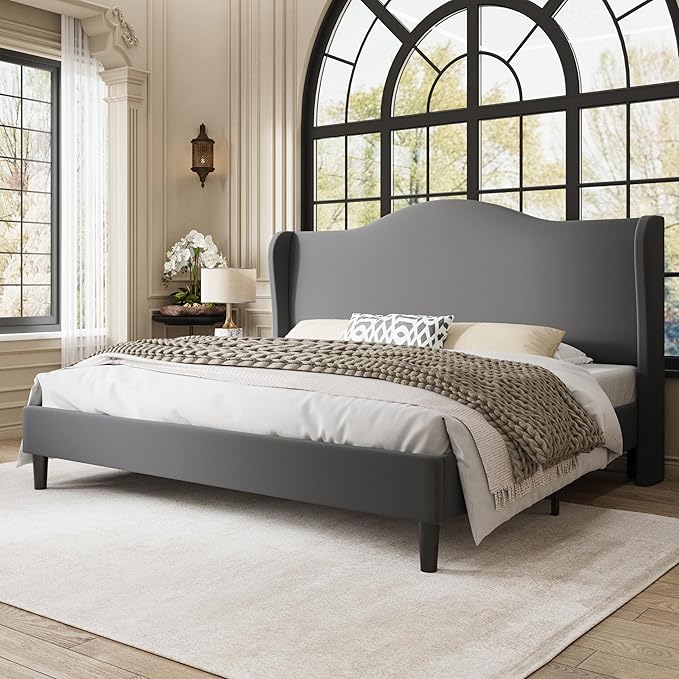 Allewie King Size Bed Frame, Upholstered Wingback Platform with 47" Tall Tufted Headboard, Plush Velvet Fabric, Modern Minimalist Design, No Box Spring Required, Tool-Free Assembly, Grey