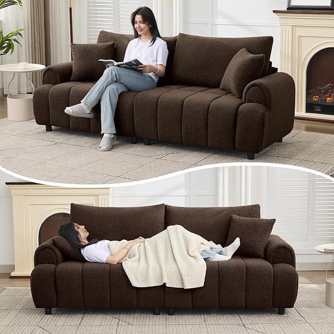 88 "Modern Boucle Sofa Couch, Oversized Comfy 3 Seater Sherpa Curved Sofas Deep Seat, Upholstered Loveseat Teddy Round Arm Couches for Living Room, Bedroom, Brown