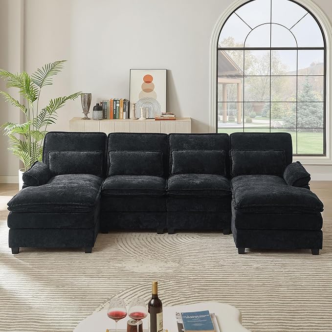 112" Modular Sectional Sofa, U Shaped Comfy Cloud Couch with Double Chaise and Padded Armrests, Modern Deep Seat Sectional Couches for Living Room, Apartment, Office, Black