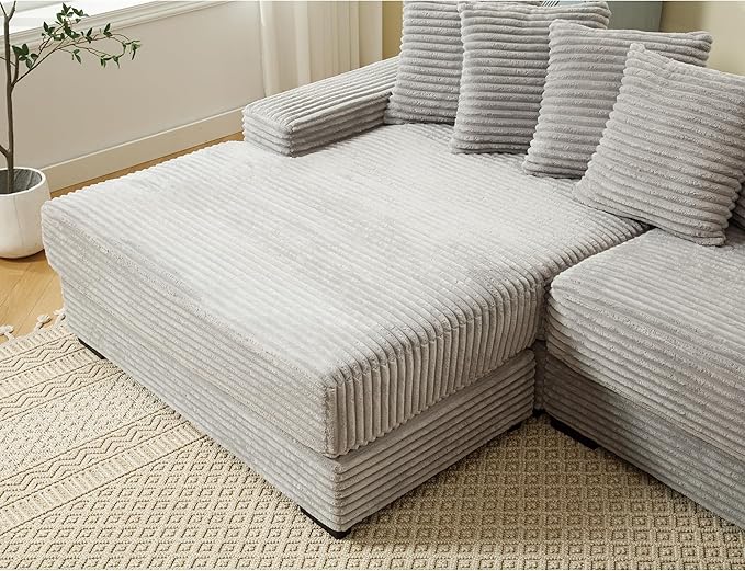 111 Inch Cloud Sectional Couches for Living Room | L-Shaped Sectional Couch with 8 Pillows | Corduroy Couch with Deep Seat | Solid Wood Frame Sofa Light Grey (Left Facing Chaise)