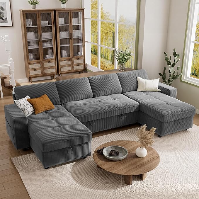Vipbear Sectional Sleeper Couch with Pull Out Sofa Bed, U Shaped Plush Corduroy Couch with Reclining Backrest & 2 Storages & USB Charging, Convertible Cloud Sectional Sofa Bed for Living Room, Grey | Breathable material, Tool-Free Assembly, Reclining B...
