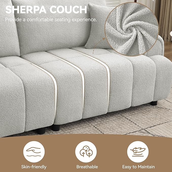 88 "Modern Boucle Sofa Couch, Oversized Comfy 3 Seater Sherpa Curved Sofas Deep Seat, Upholstered Loveseat Teddy Round Arm Couches for Living Room, Bedroom, Light Grey