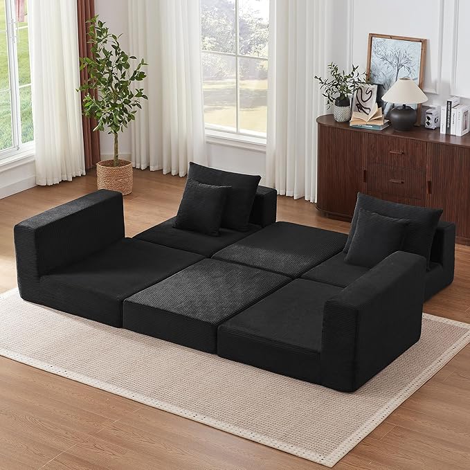 Modular Loveseat L Shaped Sofa,Boneless Cloud Couch with Ottoman (Black) | Freely Combination, No Assemble Required, Modular Design, Breathable Fabric, Convertible to Bed, Futon Bed