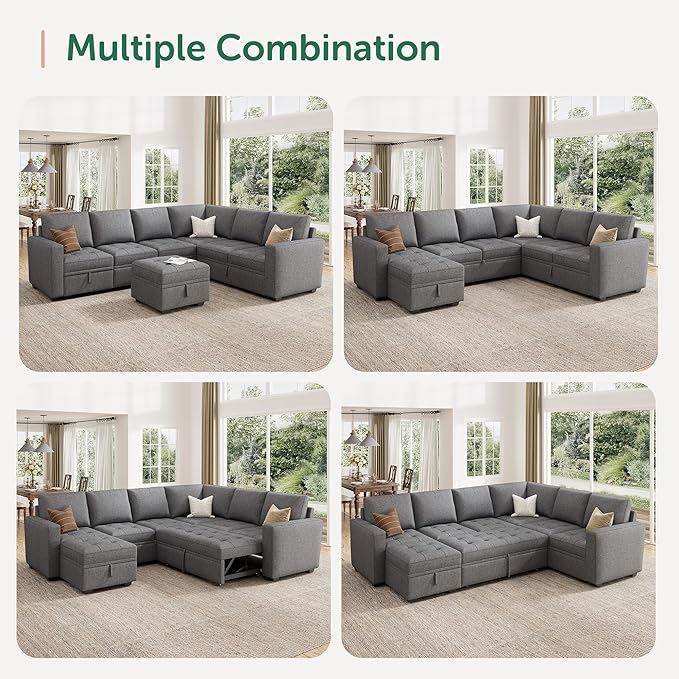 HONBAY Modular Sectional Sleeper Sofa with Pull Out Bed, Convertible L Shaped Couch with Storage Seat, Sectional Couches for Living Room,Grey