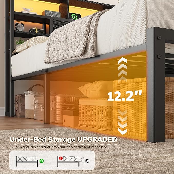 Homkdom King Size Bed Frame with Storage Headboard, LED Lights & Charging Station Heavy Duty Metal Platform Bed for Bedrooms, 1100 LBS Capacity, No Box Spring Needed, Easy Assembly，Black