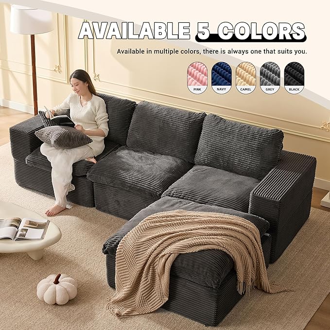 106.3” Sectional Couches for Living Room, Set of Cloud Couch, Modular Sectional Sofa, Convertible Sofas Bed, Deep Seat Sofa, L Shaped Cozy Sofa Furniture Set, Corduroy, Gray