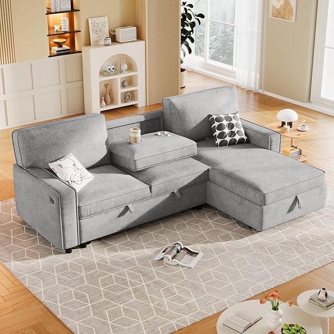 LUMISOL 89" Convertible Sleeper Sofa Bed, Modern L-Shaped Sectional Sofa with Storage Chaise, Chenille Pull Out Couch Bed with Cup Holders & Charging Station for Living Room, Gray