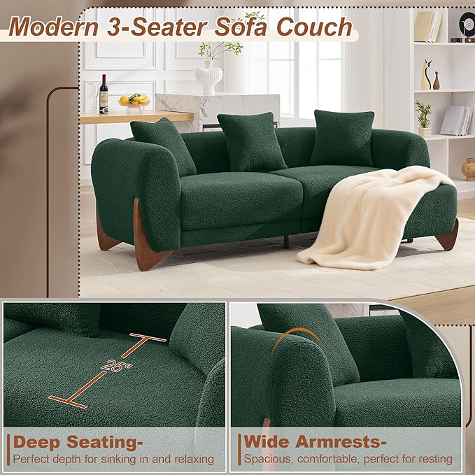 87" Sherpa Boucle Cloud Couch with Ottoman, Modern 3 Seater Sofa with Solid Wood Legs 25" Extra Deep Seat Comfy Thick Cushion Upholstered Sofa Couches with 3 Pillows for Living Room, Green