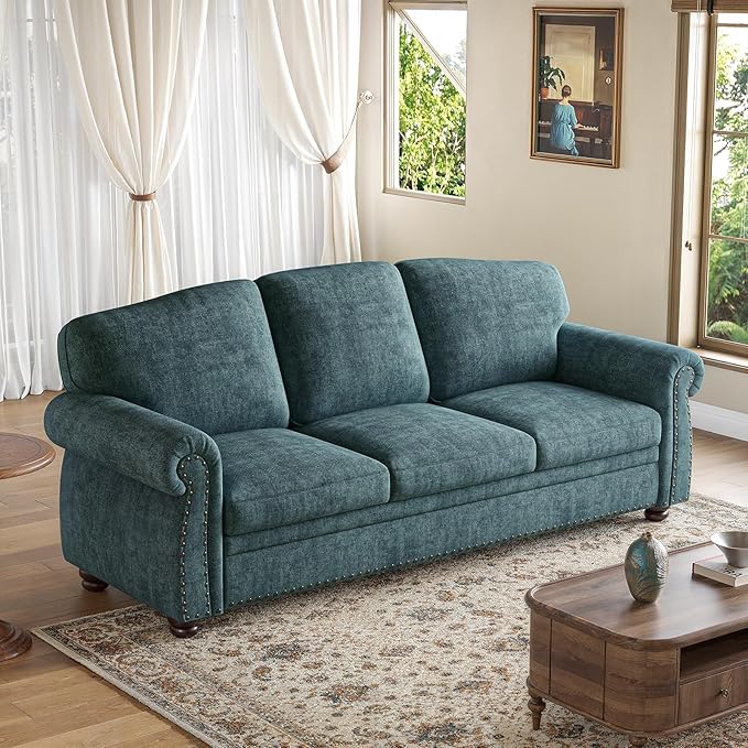 ONBRILL 90 Inch Rolled Arm Sofa for Living Room, Deep Seat Nailhead Trim Couch, Comfy 3 Seater Chenille Couch w/Wooden Leg, Springs Seat Cushion, Large Traditional Sofa for Farmhouse, Blue