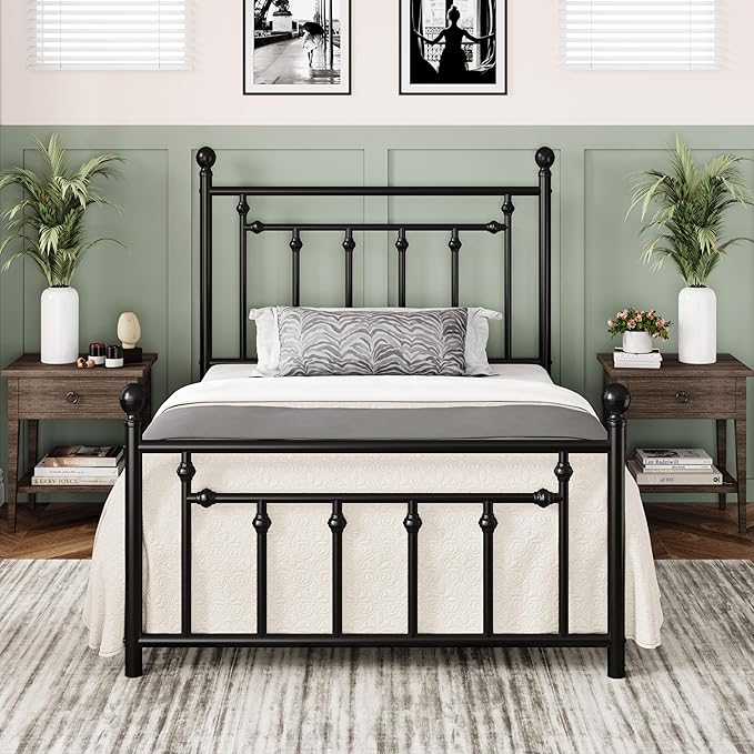 Allewie 14 Inch Twin Size Metal Platform Bed Frame with Victorian Vintage Headboard and Footboard/Mattress Foundation/Under Bed Storage/No Box Spring Needed/Easy Assembly/Noise Free/Black