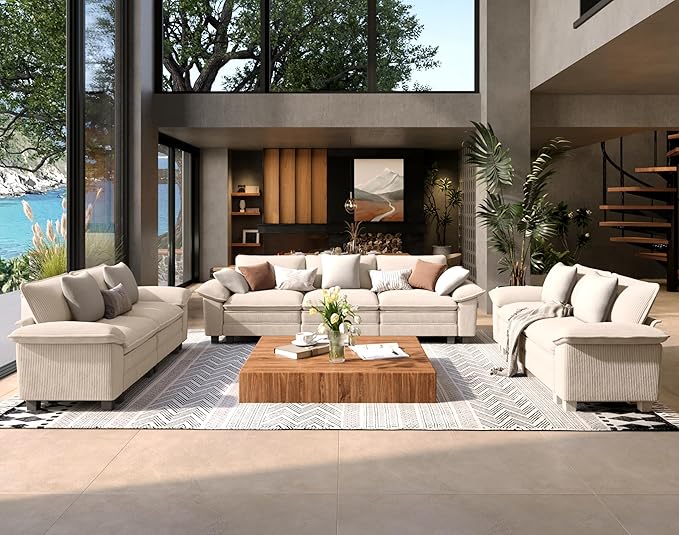3 Piece Living Room Sofa Furniture Set, Corduroy Modular 2 Loveseat and 3-Seat Couch with Pillow, Oversized 7-Seat Modern Sectional Cloud Deep Sofa for Apartment, Beige