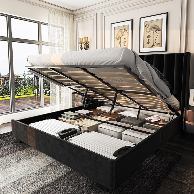 King Size Upholstered Lift Up Storage Bed Frame with 51.2" Tall Headboard, Velvet Wingback Tufted Design, Wood Slats Support, No Box Spring Required, Noise-Free Double Low Bed Frame (King,Black)
