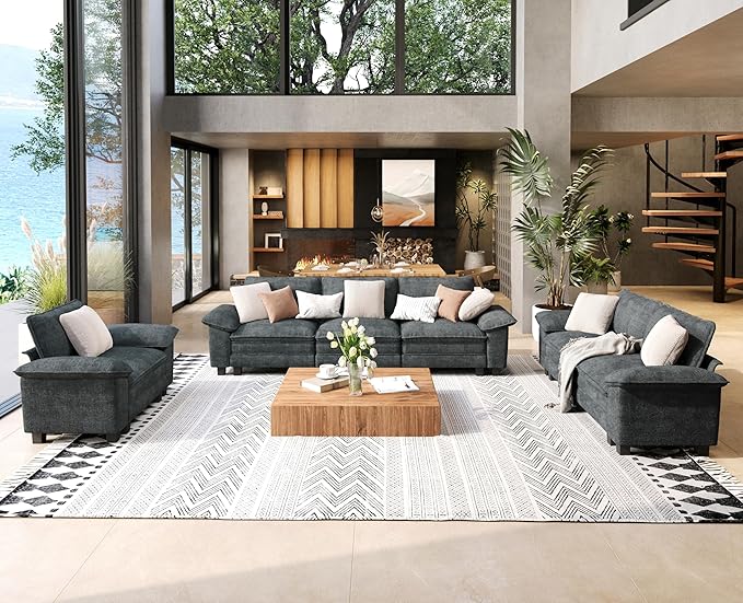 3 Piece Living Room Sofa Furniture Set, Chenille Modular Loveseat, Cloud Chair, and 3-Seat Couch with Pillow, Oversized 6-Seat Modern Sectional Deep Sofa for Apartment, Cyan