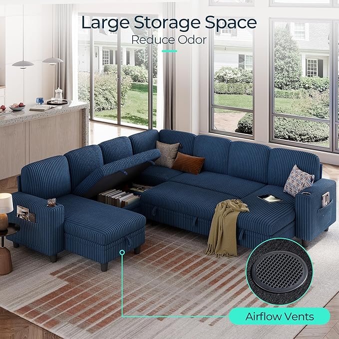 LINSY HOME Sectional Sleeper Sofa Pull Out Couches for Living Room (Blue, Sleeper Sofa 5) | Pull Out Sofa Bed, Storage, USB Charging, Cup Holders, Plush Corduroy
