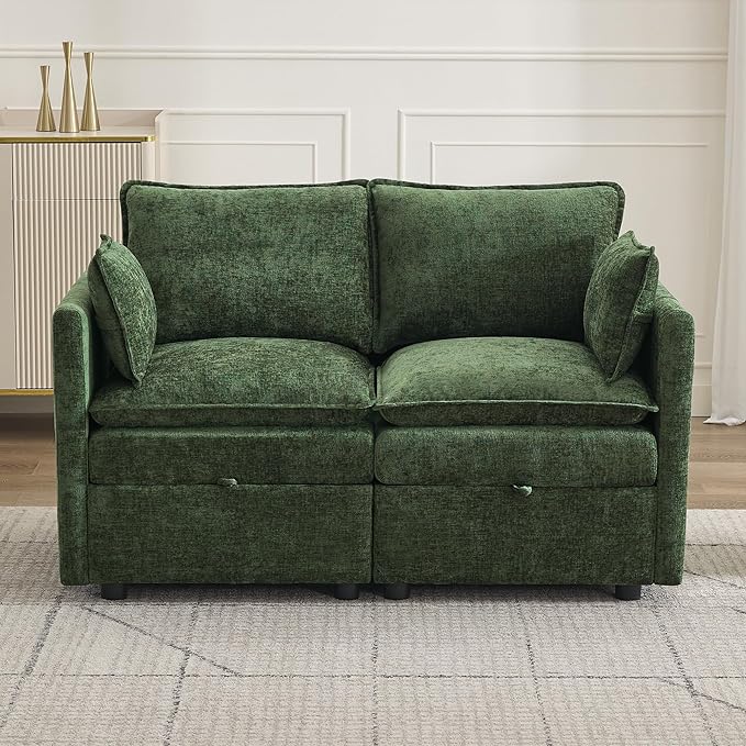 55" Cloud Modular Loveseat Sofa with Storage, Modern Upholstered Sofa Couch Small Love Seat，2 Seater Chenille Comfy Sectional Sofa with Armrests for Living Room, Small Space, Green