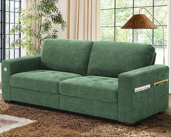 WorthFurni 89 Inch Modern Sofa Couch with USB Port & Side Pockets, Chenille Fabric 3 Seater Couch,Comfy Washable Small Sofas & Couches for Living Room Bedroom Apartment（Green）