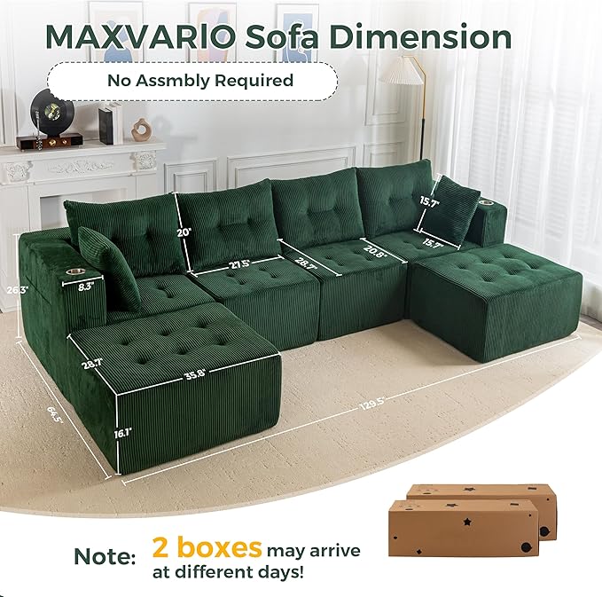 MAXYOYO 129.5" Modular Sectional Sofa Couch, U Shaped Modern Cloud Couch, Sofa in A Box, Tufted 6-Seat Boneless Sleeper Lounger for Living Room, No Assembly Required, Green