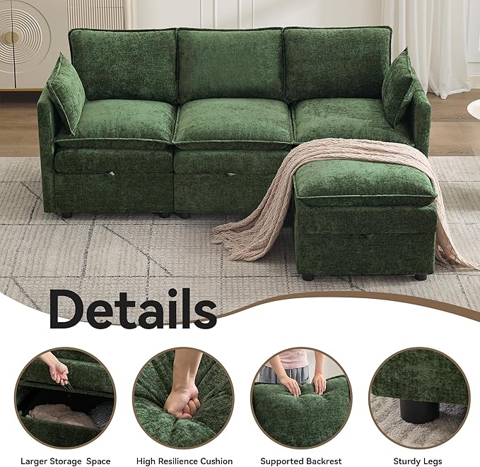 80" Cloud Modular 3 Seater Sofa with Storage Ottoman, Modern Upholstered Storage Sofa Couch Deep Seat, L Shape Sectional Sofa Chenille Comfy Couch with Armrests for Living Room, Small Space, Green