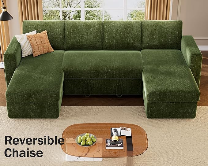 Vipbear 106" Sectional Sleeper Sofa with Pull Out Bed, U Shaped Couch Sleeper Sofa Bed, Pull Out Couch with Reclining Backrest, Double Storage Chaise, USB Ports, Tool-Free Assembly, Chenille Green