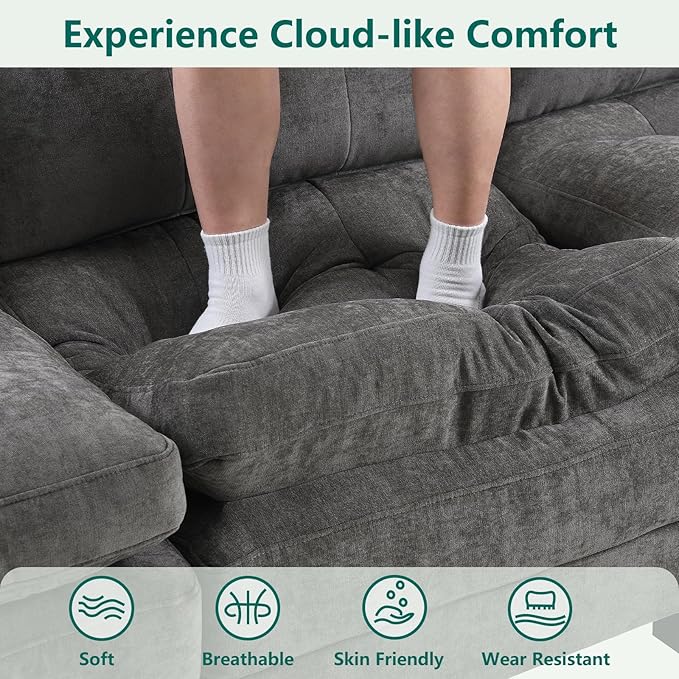 Modular Sectional U Shaped Sofa Couches for Living Room, Cloud Couch with Movable Ottoman, Comfy Chenille Sofa with Pillow for Bedroom and Apartment,Dark Gray-Tufted