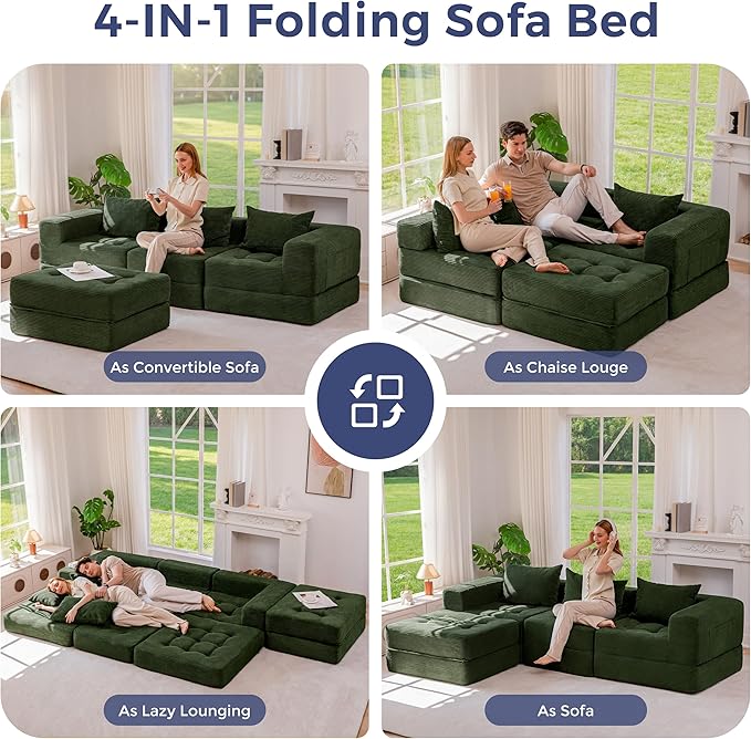 MAXYOYO Modular Sectional Sofa Couch, Foldable L-Shaped Folding Sofa Bed with Ottoman, Convertible Sectional Couch Corded Tufted Floor Sofa Lounger with Pillows for Living Room No Assembly, Dark Green