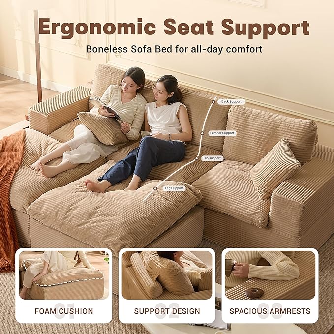 106.3” Sectional Couches for Living Room, Set of Cloud Couch, Modular Sectional Sofa, Convertible Sofas Bed, Deep Seat Sofa, U Shaped Cozy Sofa Furniture Set, Corduroy, Camel