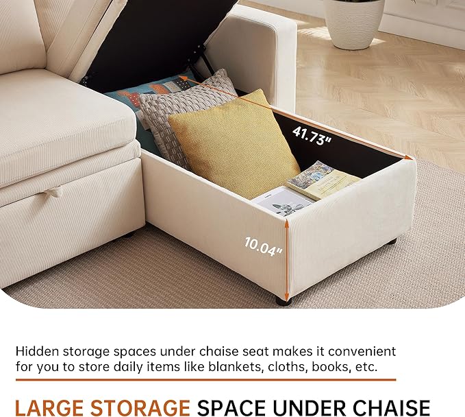 2-in-1 Convertible Sofa with Pull Out Bed, 76" L Shaped Comfy Sectional Couch 3-Seater Sleeper Sofa with Reversible Storage Chaise for Living Room, Beige