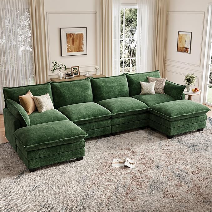 Modular Sectional U Shaped Sofa Couches for Living Room, Cloud Couch with Movable Ottoman, Comfy Chenille Sofa with Pillow for Bedroom and Apartment,Green