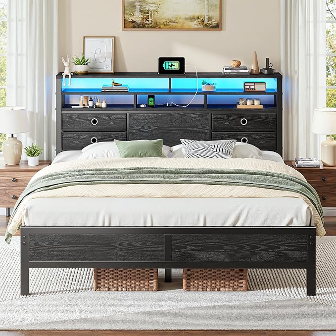 Homkdom Queen Bed Frame with 2-Tier Storage Headboard and 4 Drawers,Queen Size Bed Frame with LED Lights & Charging Station,Metal Queen Frame 1100LB-Heavy Duty for Apartment,Guest Room,Modern Black