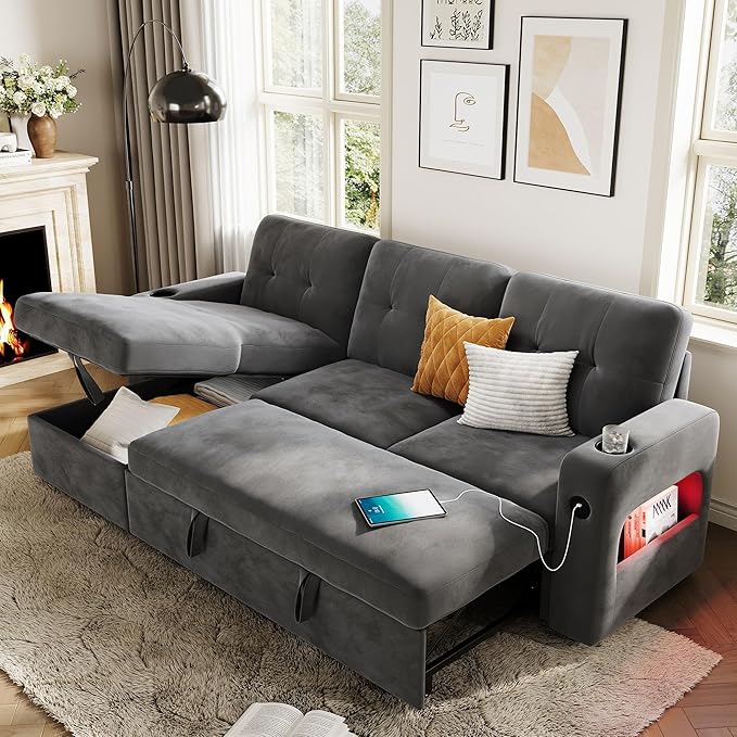 GarveeHome 84 Inch Sleeper Sofa Bed, L-Shaped Sofa, Convertible Pull Out Couch Bed with Storage, Charging Station, LED Lights, Modern Sectional Sofa for Living Room, Apartment, Velvet, Dark Grey