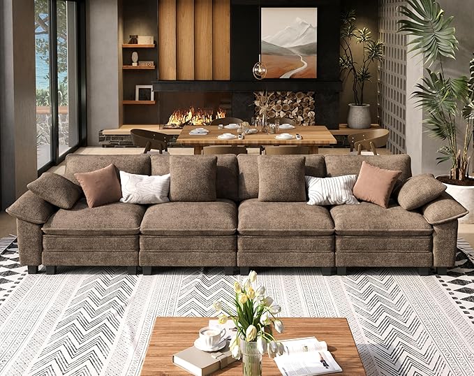 4 Seat Modular Sofa, 157.5'' Oversized Modern Chenille Sectional Couch with Removable Armrest and Pillow, Upholstered Cloud Deep Seat Sofa for Living Room, Taupe