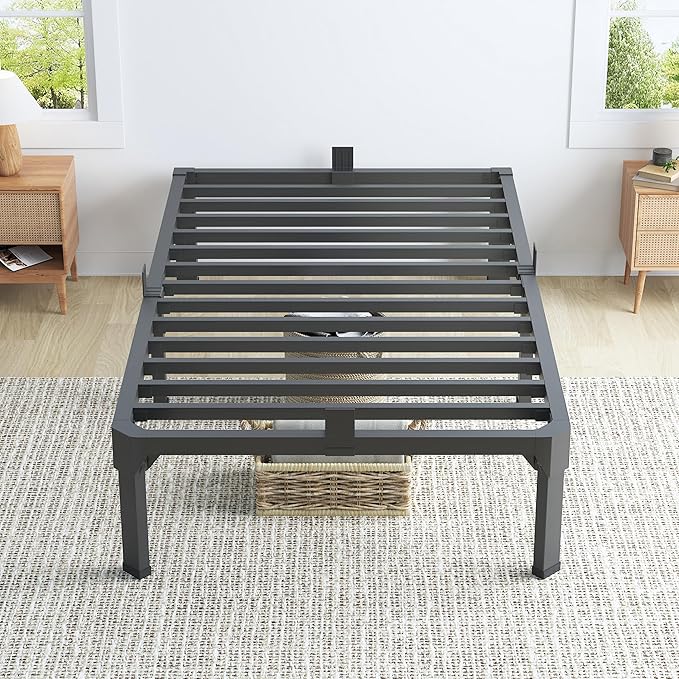 Superay Twin Bed Frame with Mattress Slide Stopper, 14 Inch Metal Platform Bed Frame, Heavy Duty Tall Bed Frame No Box Spring Needed with Large Storage Space, Easy Assembly, Noise Free