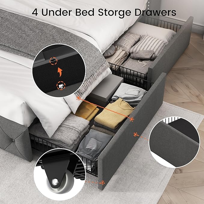 LARMACE Upholstered King Size Bed Frame with 4 Storage Drawers and 47.2" Tall Wingback Headboard Tufted Platform Bed Frame Linen Beds with Wooden Slats Support, Easy Assembly, Light Grey