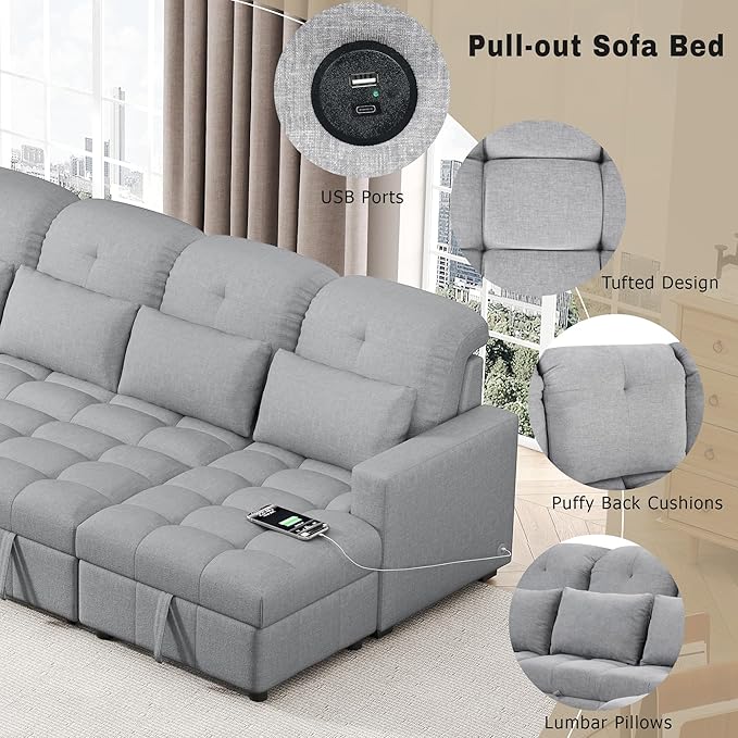 Harper & Bright Designs 110.2" Oversized U-Shaped Sofa Versatile Sectional Sofa Pull-Out Sofa Bed with Double Storage Chaise Lounges and Two USB Ports for Living Room,Gray