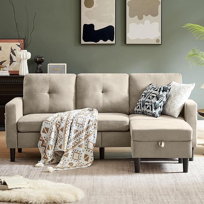 79" Convertible Sectional Sofa, Small L Shaped 3 Seat Couch with Storage Chaise and Side Pocket, Modern Linen Fabric Reversible Sofa Couches for Living Room, Apartment and Small Space