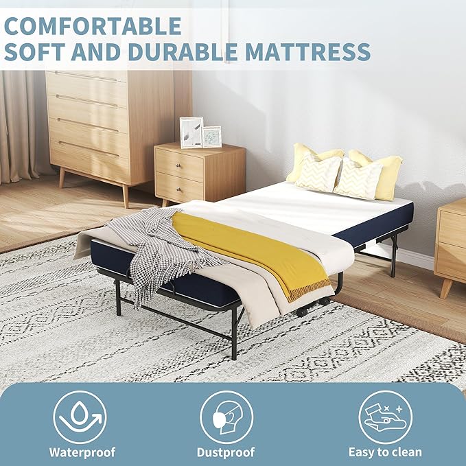 Folding Bed, 74.4"x38" Portable Beds for Adults, Heavy Duty Sturdy Metal Frame, Foldable Bed on Wheels for Twin Size, Space Saving Rollaway Bed for Guest Easy Storage