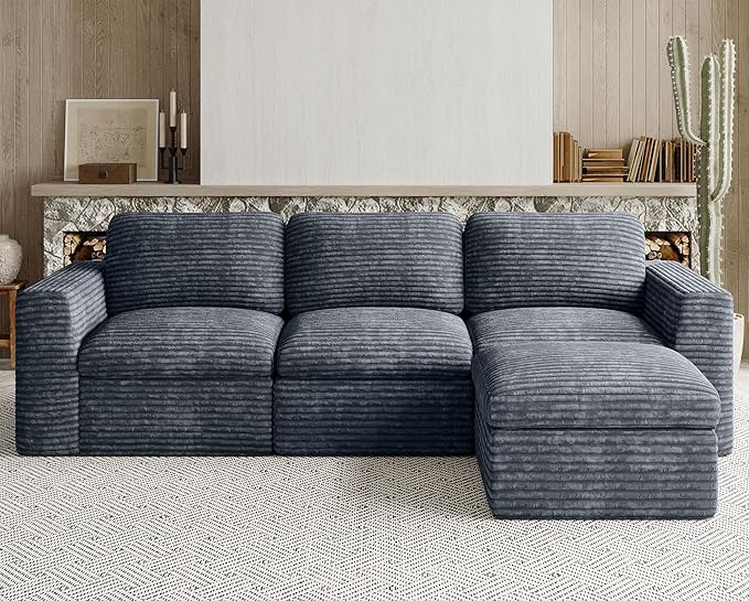 Plush Corduroy Cloud Sectional Couches for Living Room Boneless Modular Sectional Sofa Convertible 3-Seater L Shaped Couch with Ottoman. Grey Sofa.