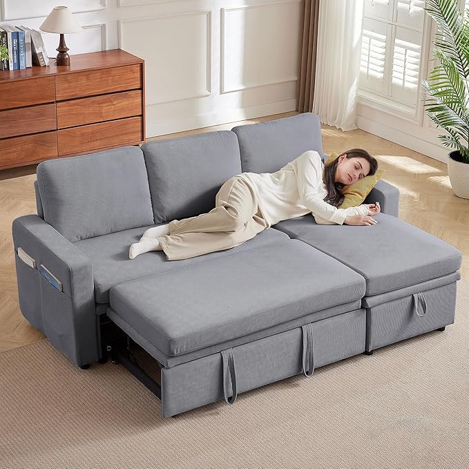 79" Sectional Sofa Couch, L Shaped Sleeper Sofa Bed with Reversible Storage Chaise, Side Pockets, Durable Cushions, Convertible Pull Out Bed Couch for Living Room, Light Grey