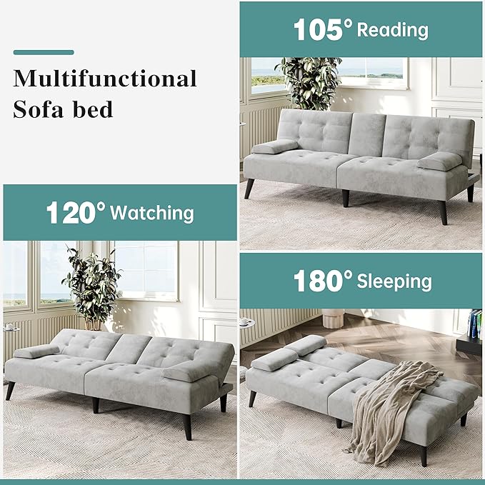 Meilocar 64" Futon Sofa Bed, Convertible Loveseat with 2 Cup Holders, Small Couch with 3 Adjustable Angles & Removable Armrest, Modern Sleeper Sofa for Apartment, Office, 5.3 FT, Light Grey