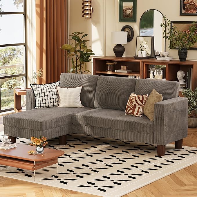 VICTONE Convertible Sectional Sofa Couch, 3 Seat L-Shaped Sofa with Linen Fabric Ottoman Small Couch for Small Apartments, Living Room and Office (Corduroy, Gray)