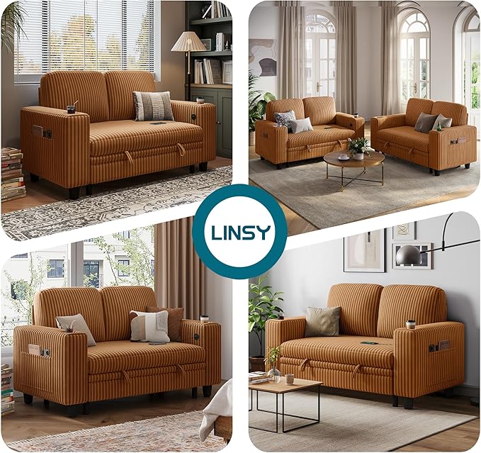 LINSY HOME Loveseat Sofa with Storage - Comfy Plush Corduroy 2 Seater Sofa with USB Charging & Cup Holders, Deep Seat Love Seat for Small Spaces Living Room Bedroom Apartment, Brown