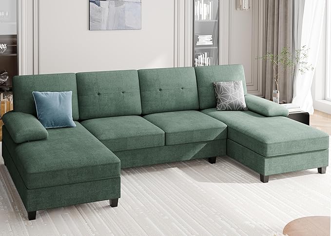 Meilocar Sectional Couches for Living Room, 106 in U Shaped Couch Soft Sectional Sofa with Double Chaise, Comfortable Fabric 4 Seat Sofa Couch for Apartment (Green)