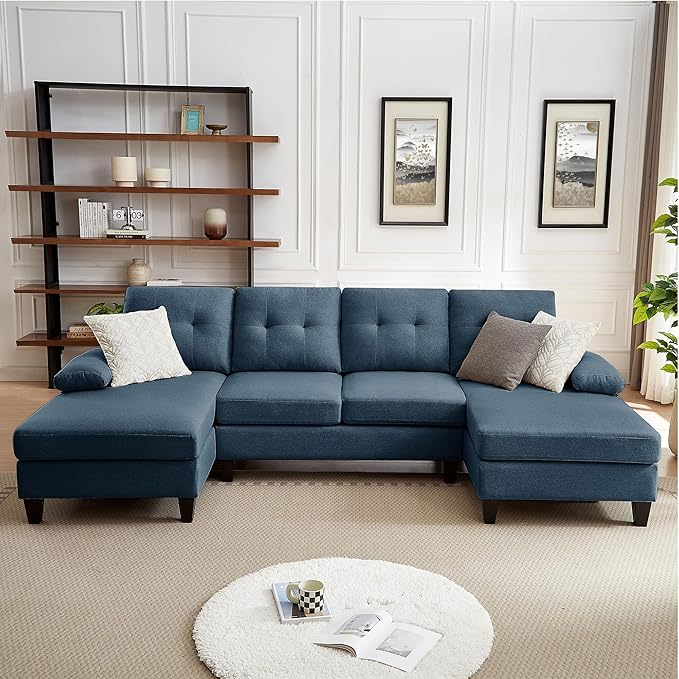 111" Sectional Couch for Living Room, Modern Polyester Fibre U Shaped Sofa Couches with Double Chaise, Upholstered 4 Seater Sofa for Living Room, Apartment, Office, Blue