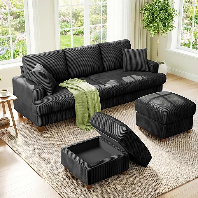 Kidirect 87in U Shaped Couch, Modular Sofa No Tool Assembly, Comfy Sectional Couches for Living Room 21in Deeper Seats, Corduroy Sofas for Living Room with 2 Pillows, Loveseat Sofa Set, Black Couch | Comfy Corduroy, Oversized 87in Couch, 850LB Tough, T...
