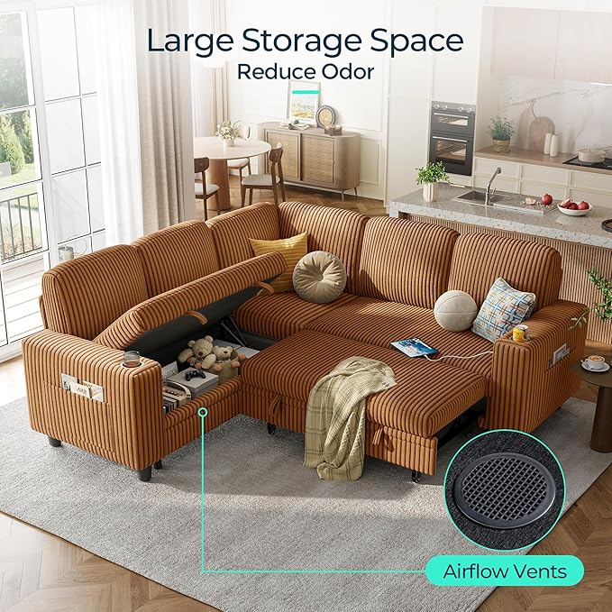 LINSY HOME Pull Out Sofa Bed Sectional Sleeper Sofa with Storage, Plush Corduroy Pullout Modular Sectional Couches for Living Room, L Shaped Convertible Couch Bed for Apartment (Brown)