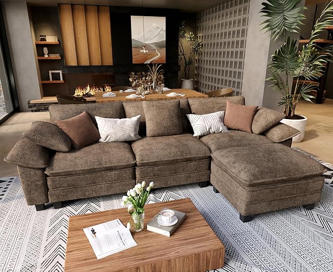 L Shaped Modular Cloud Couch, 123.6'' Comfy Chenille Sectional Sofa with Wider Armrest and Ottoman, Upholstered 4-Seat Modern Deep Seat for Bedroom Living Room, Taupe