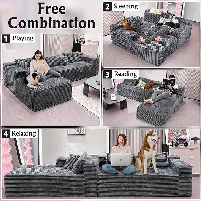 Boneless Modular Sectional Sofa, Cloud Couch with Left Facing Chaise, Oversized Deep Seat, L-Shaped, Soft Corduroy Fabric, Sectional Couch for Living Room -Grey