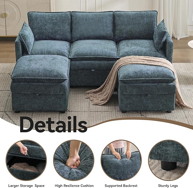 80" Cloud Modular 3 Seater Sofa with 2 Storage Ottoman, Modern Upholstered Storage Sofa Couch Deep Seat, U Shape Sectional Sofa Chenille Comfy Couch with Armrests for Living Room, Small Space, Blue | Modular Sofa, Storage Ottoman, Upholstered Sofa, Sec...