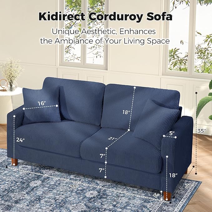 Kidirect 70in L Shaped Couch, Modular Sofa No Tool Assembly, Comfy Sectional Couches for Living Room 21in Deeper Seats, Corduroy Sofas for Living Room with 2 Pillows, Loveseat Sofa Set, Blue Couch | Comfy Corduroy, Oversized 70in Couch, 700LB Tough, To...